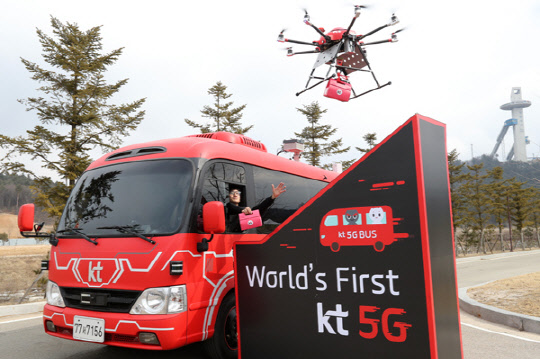 KT가 14일 강원 평창군 알펜시아리조트에서 자율주행 5G 버스와 자율주행 드론을 결합한 새로운 서비스를 선보이고 있다.   사진제공=연합뉴스